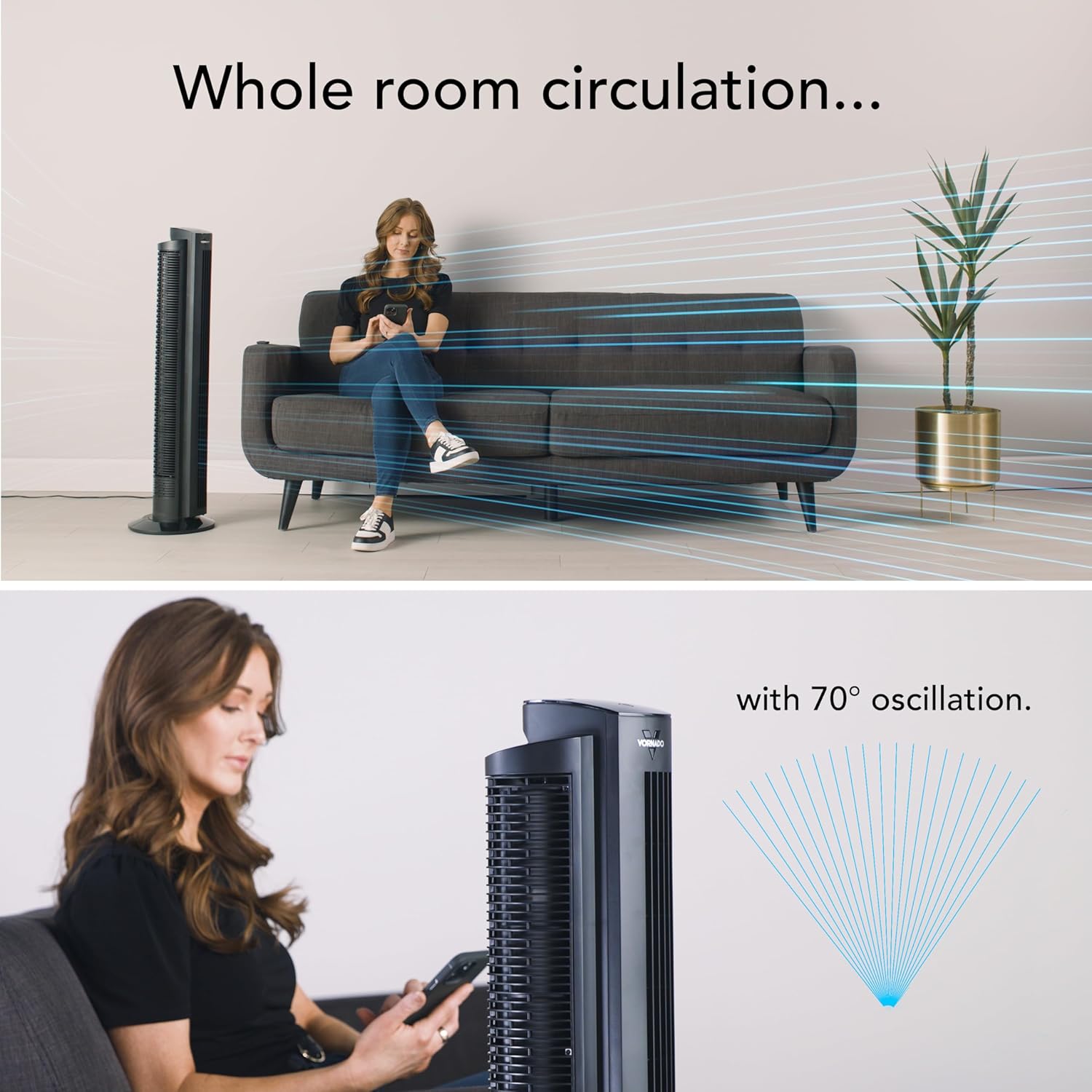 Vornado OZI42DC 42 in. Variable Fan Speeds Tower Fan in Black with 1164 ft. Per Min Air Flow
