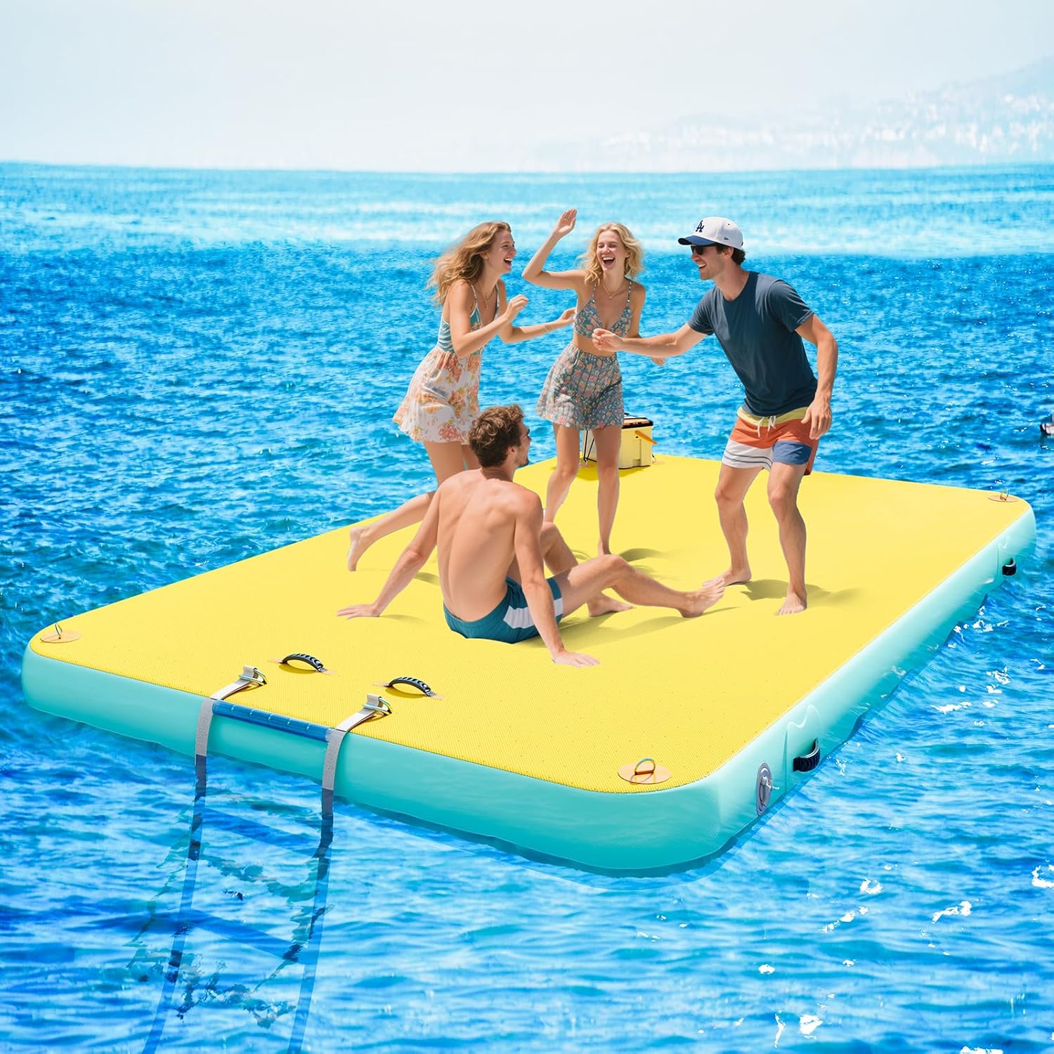 Specraft Inflatable Floating Dock, Non-Slip Air Dock Platform loating Island Raft with Rope Ladder, Yellow+Mint Green