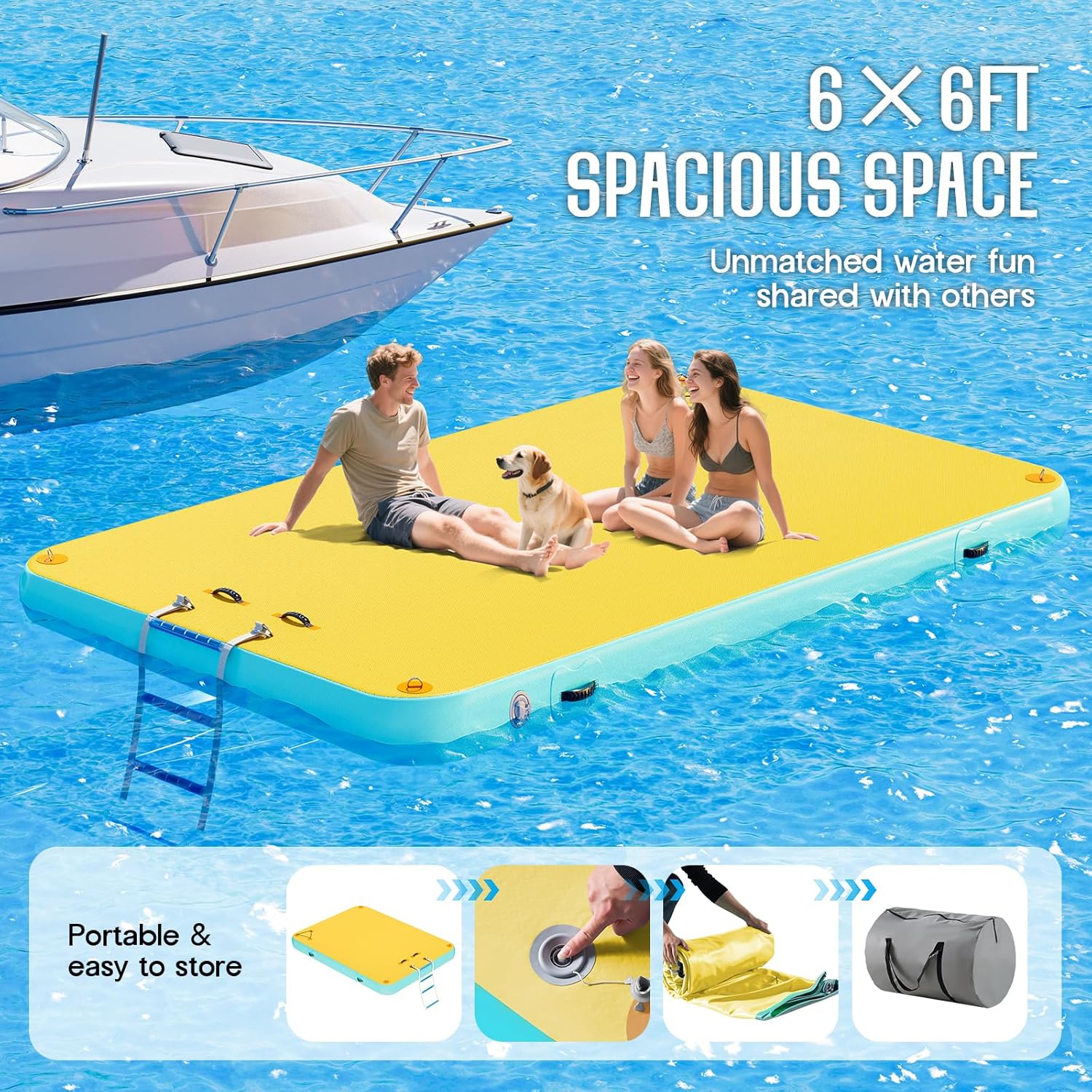 Specraft Inflatable Floating Dock, Non-Slip Air Dock Platform loating Island Raft with Rope Ladder, Yellow+Mint Green
