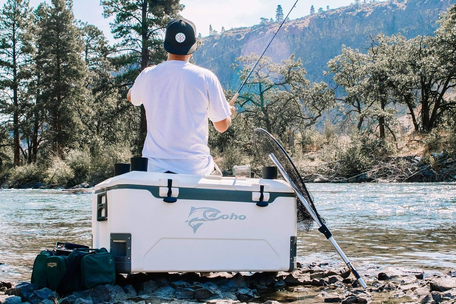 COHO 165QT Insulated Hard Cooler with Fish Ruler, Removable Cup Holders, Magnetic Disc & Tie-Down Loops
