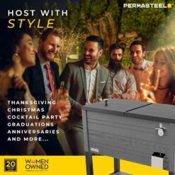 Permasteel 80-Quart Rolling Patio Cooler with Wood Grain Finish – Outdoor Beverage Cooler with Wheels, Gray
