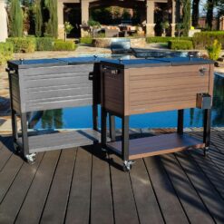 Permasteel 80-Quart Rolling Patio Cooler with Wood Grain Finish – Outdoor Beverage Cooler with Wheels, Brown