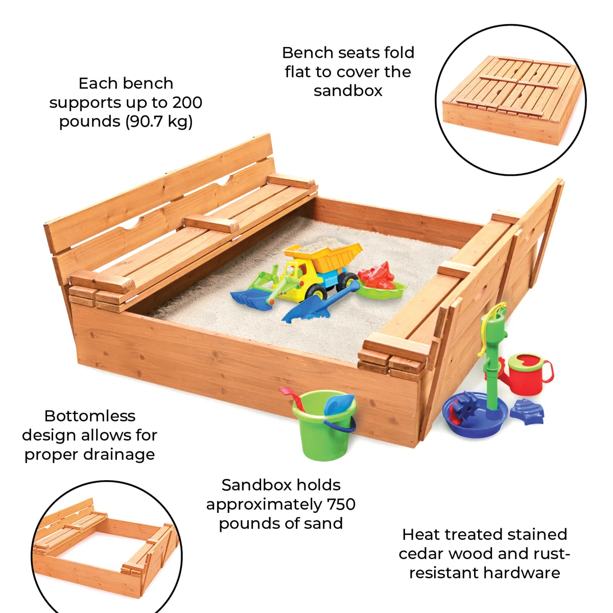 Badger Basket 46.5'' x 9.5'' Solid Wood Square Sandbox with Cover, Natural