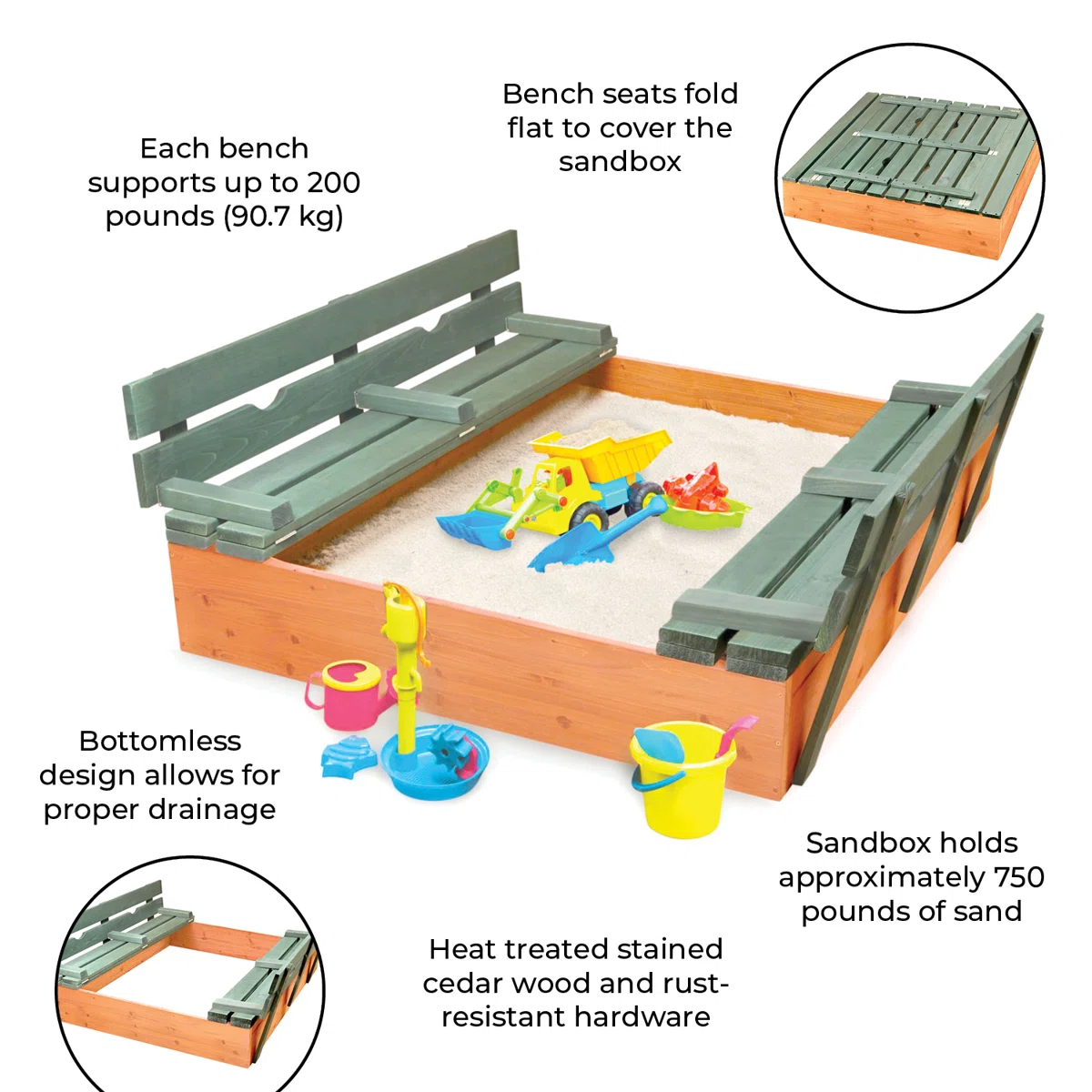 Badger Basket 46.5'' x 9.5'' Solid Wood Square Sandbox with Cover, Natural/Green