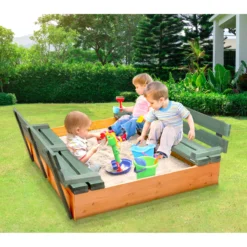 Badger Basket 46.5'' x 9.5'' Solid Wood Square Sandbox with Cover, Natural/Green