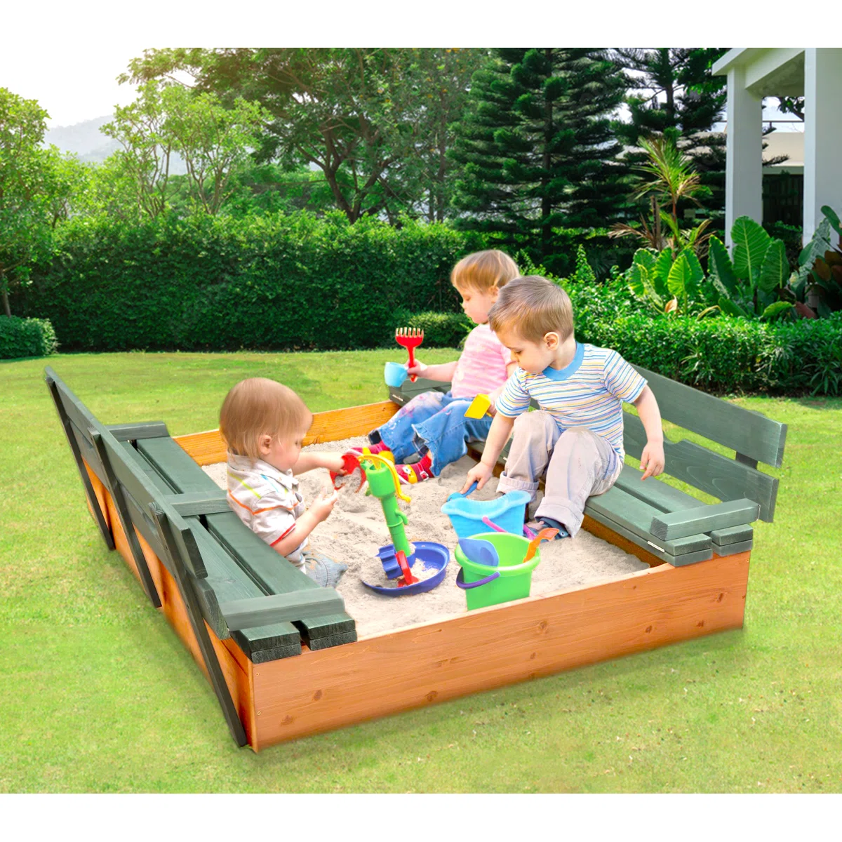 Badger Basket 46.5'' x 9.5'' Solid Wood Square Sandbox with Cover, Natural/Green