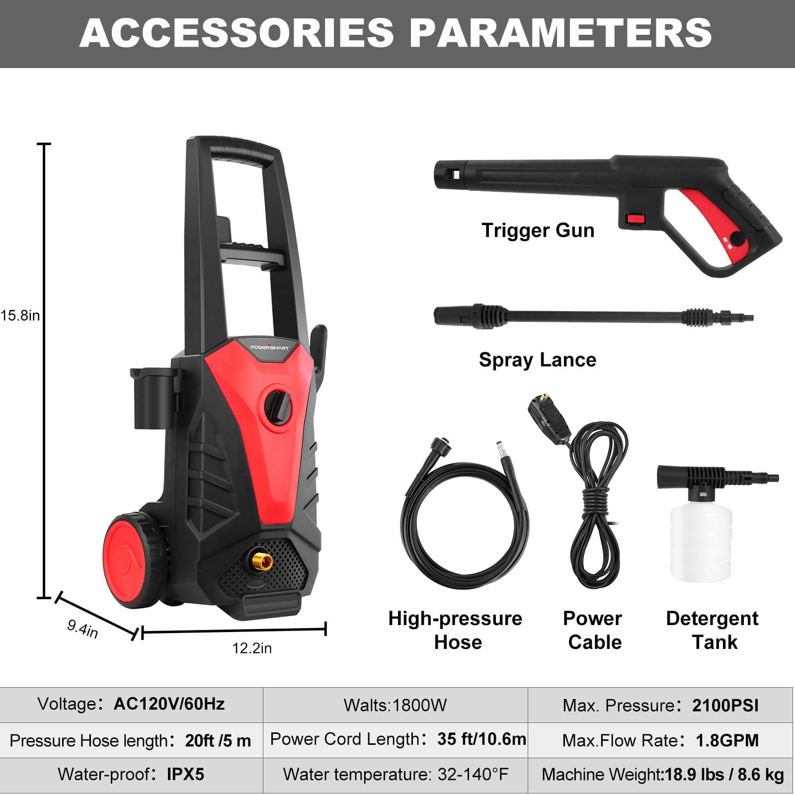 Powersmart 1850PSI 1.85GPM Electric Pressure Washer DB1023