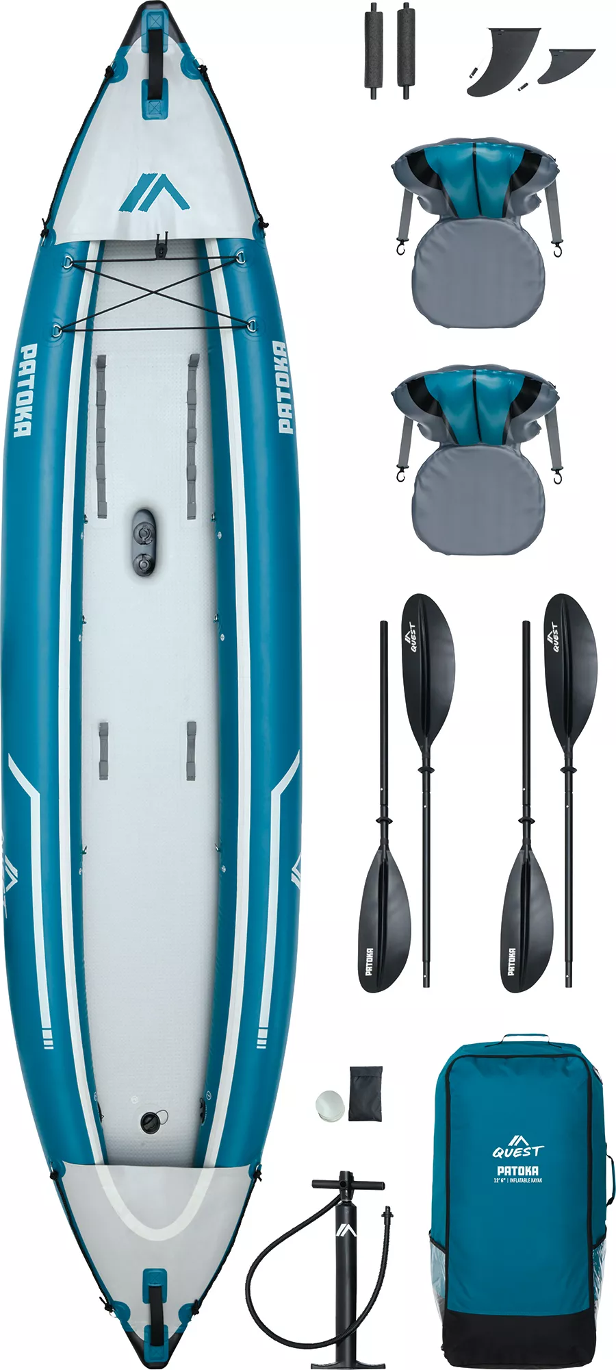 Quest Patoka Inflatable Tandem Kayak Package, Teal/Gray
