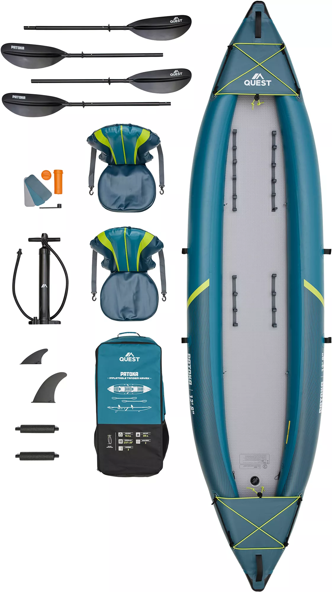 Quest Patoka Inflatable Tandem Kayak Package, Teal/Yellow