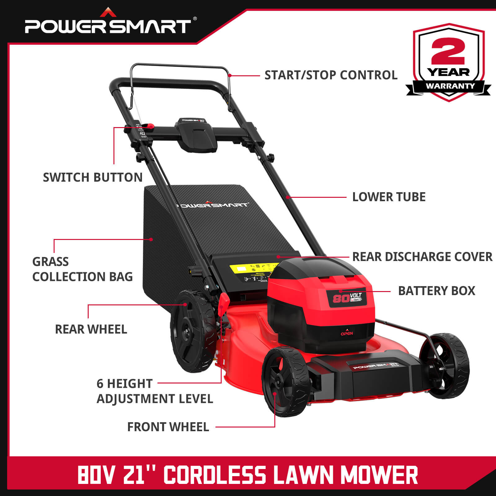 Powersmart 80V 21" Cordless Push Lawn Mower w/ Battery & Charger PS76821