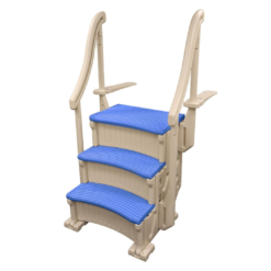 Confer Plastics Curved Drop-in Inground Pool Step 3 Tread Stair Entry System w/ 2 Handrails & Adjustable Mounting Brackets - Base Step, Blue Treads