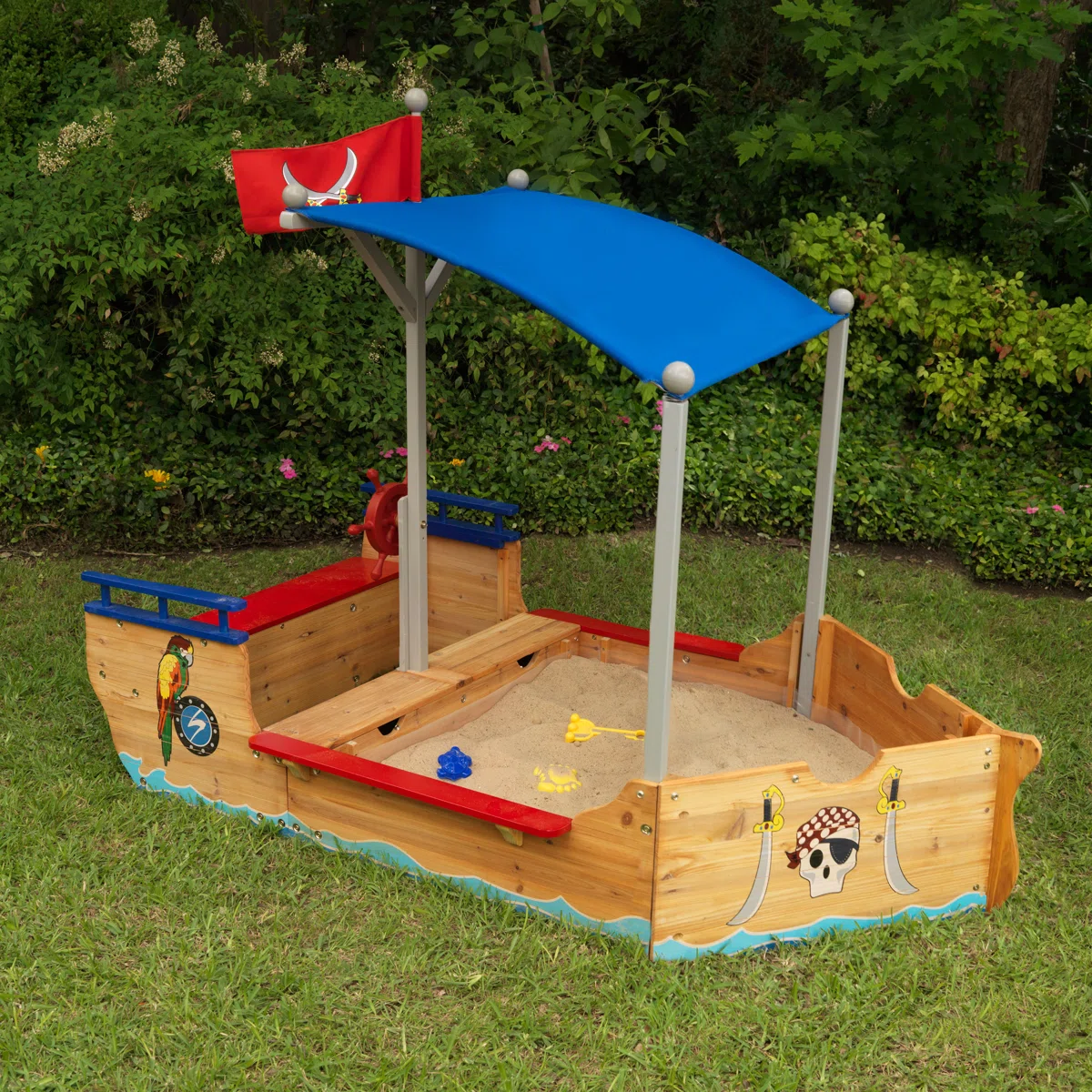 Wooden Pirate Sandbox with Canopy, Covered Kid's Sandbox, Blue & Red