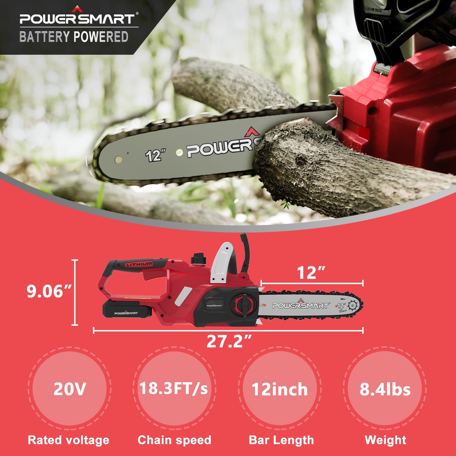 Powersmart 20V 12" Cordless Chainsaw w/ Battery & Charger PS76122A