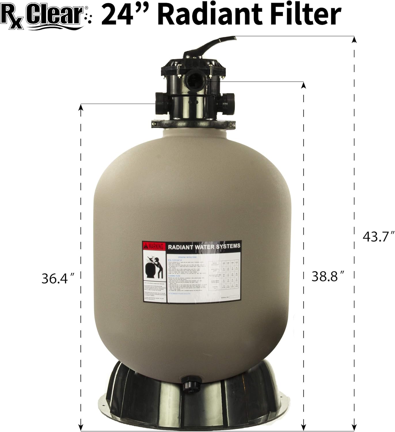 Rx Clear Radiant 24 Inch Sand Filter System | for In-Ground Swimming Pools Up to 33,000 Gallons | 6-Way Top Mount Filter Valve