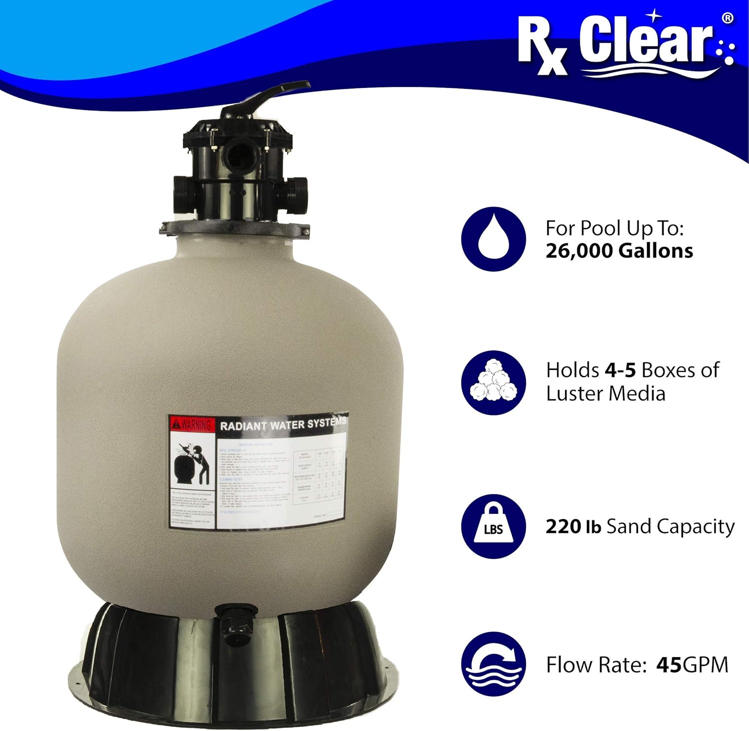 Rx Clear Radiant Sand Filter | for Above Ground Swimming Pools | 22 Inch Tank