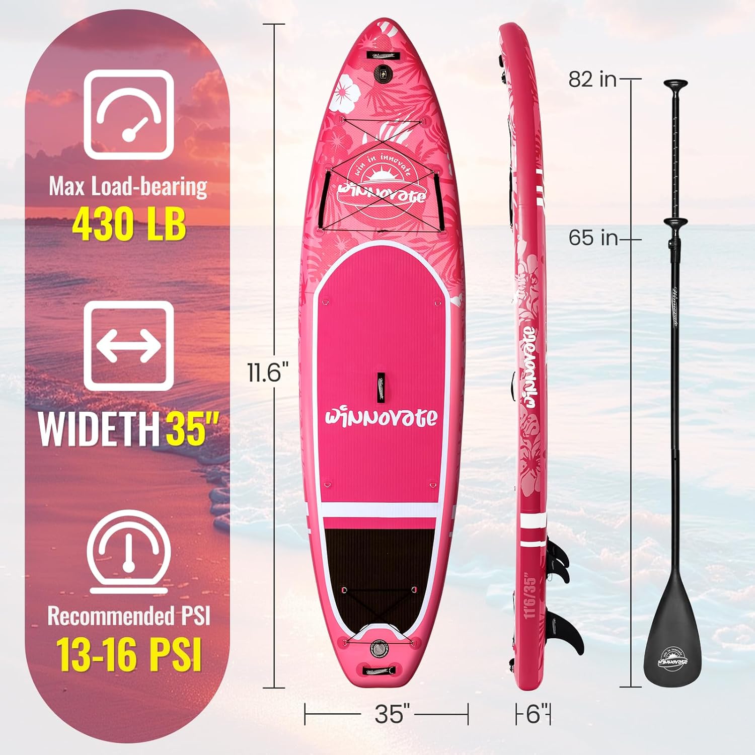 WNOVA 11'6"x35"x6" Wood Grain Stand Up Paddle Board Inflatable, Portable SUP Paddleboard with Complete Accessories, Pink Flower