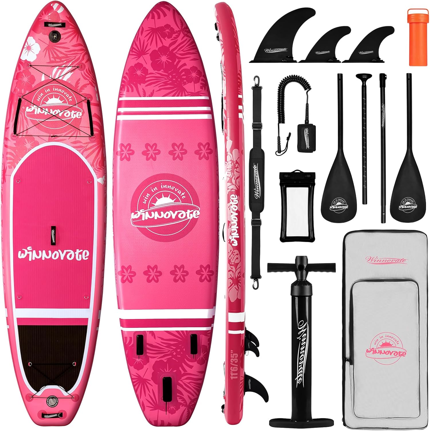 WNOVA 11'6"x35"x6" Wood Grain Stand Up Paddle Board Inflatable, Portable SUP Paddleboard with Complete Accessories, Pink Flower