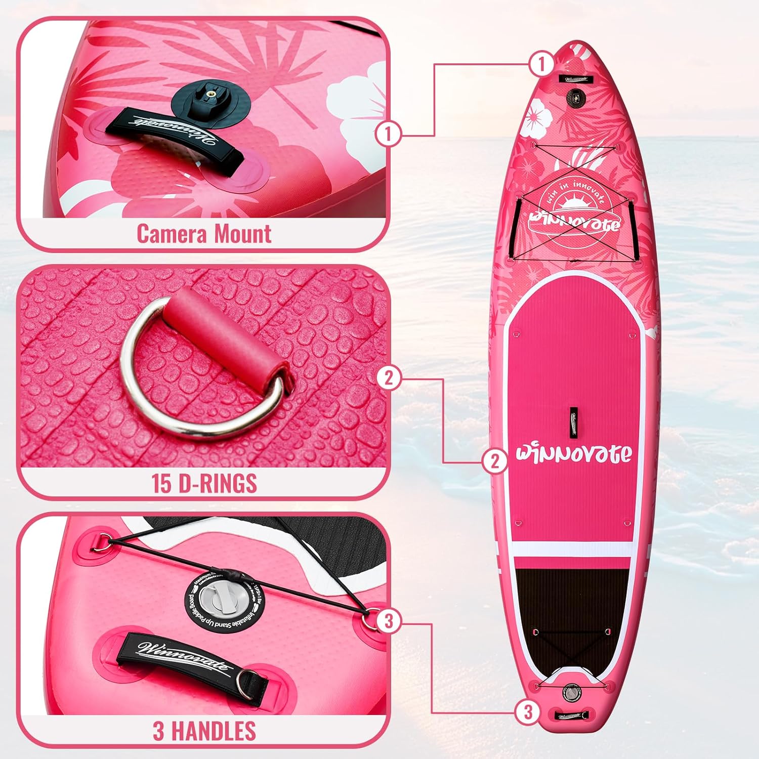 WNOVA 11'6"x35"x6" Wood Grain Stand Up Paddle Board Inflatable, Portable SUP Paddleboard with Complete Accessories, Pink Flower