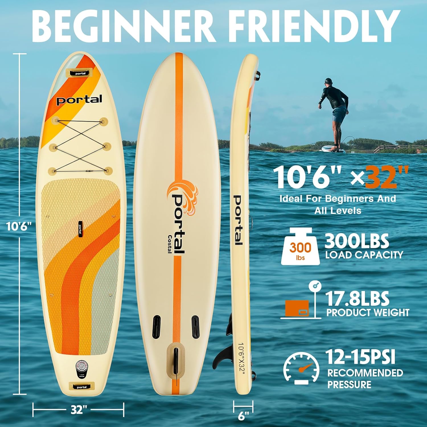 PORTAL SUP Inflatable Paddle Board for Adults 10'6'' Stand Up Paddleboard,Non-Slip Deck Blow up Paddle Boards with Adjustable Paddle, Carry Bag, and Repair Kit