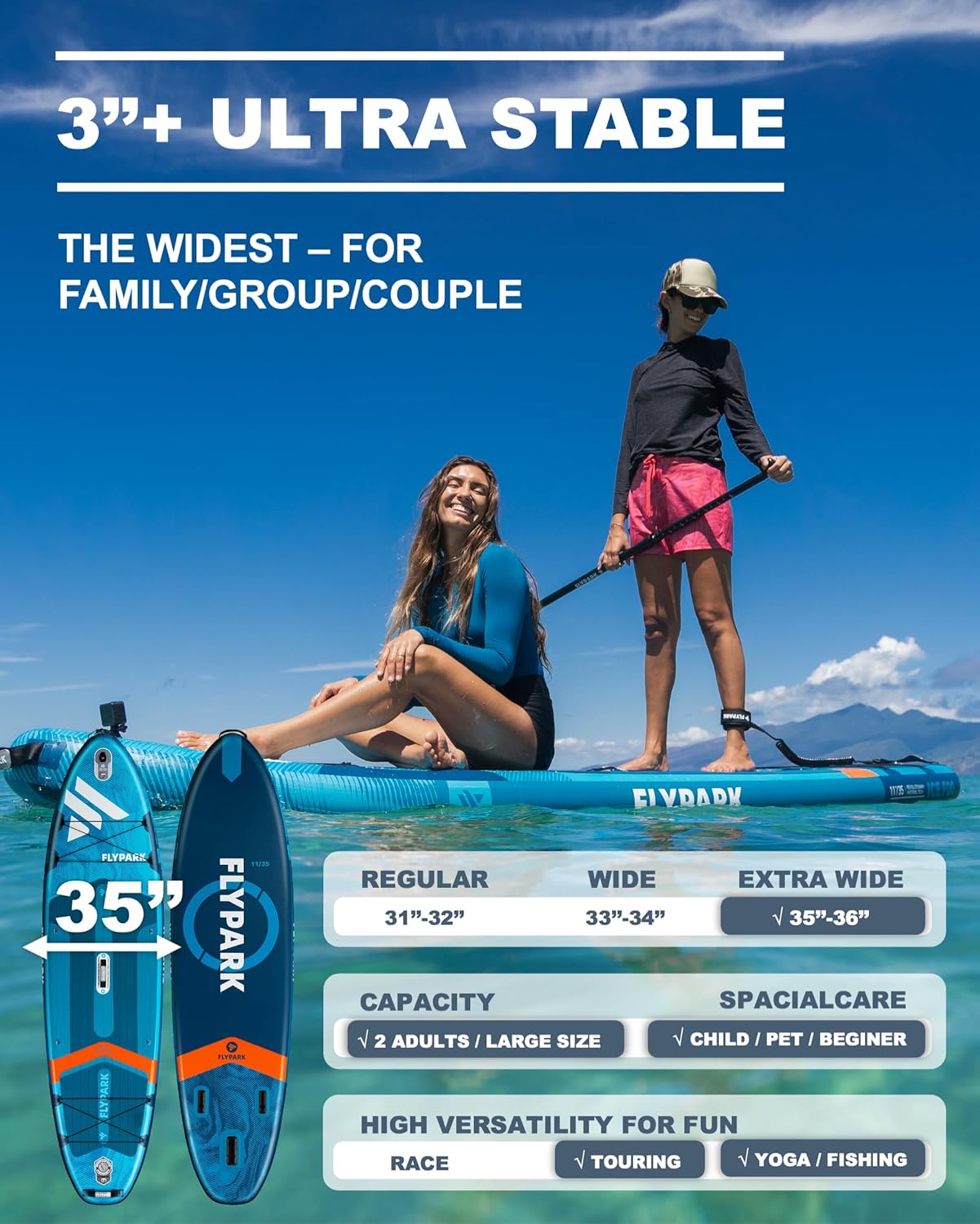 Flypark 10'8/11'x35'' Fishing&Family Stable Inflatable Paddle Boards, Extra Wide SUP Paddleboard Inflatable, 430lb/3 People