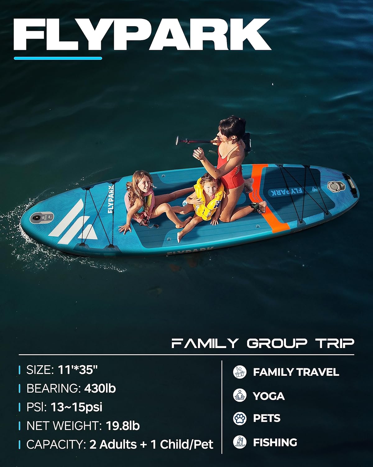 Flypark 10'8/11'x35'' Fishing&Family Stable Inflatable Paddle Boards, Extra Wide SUP Paddleboard Inflatable, 430lb/3 People