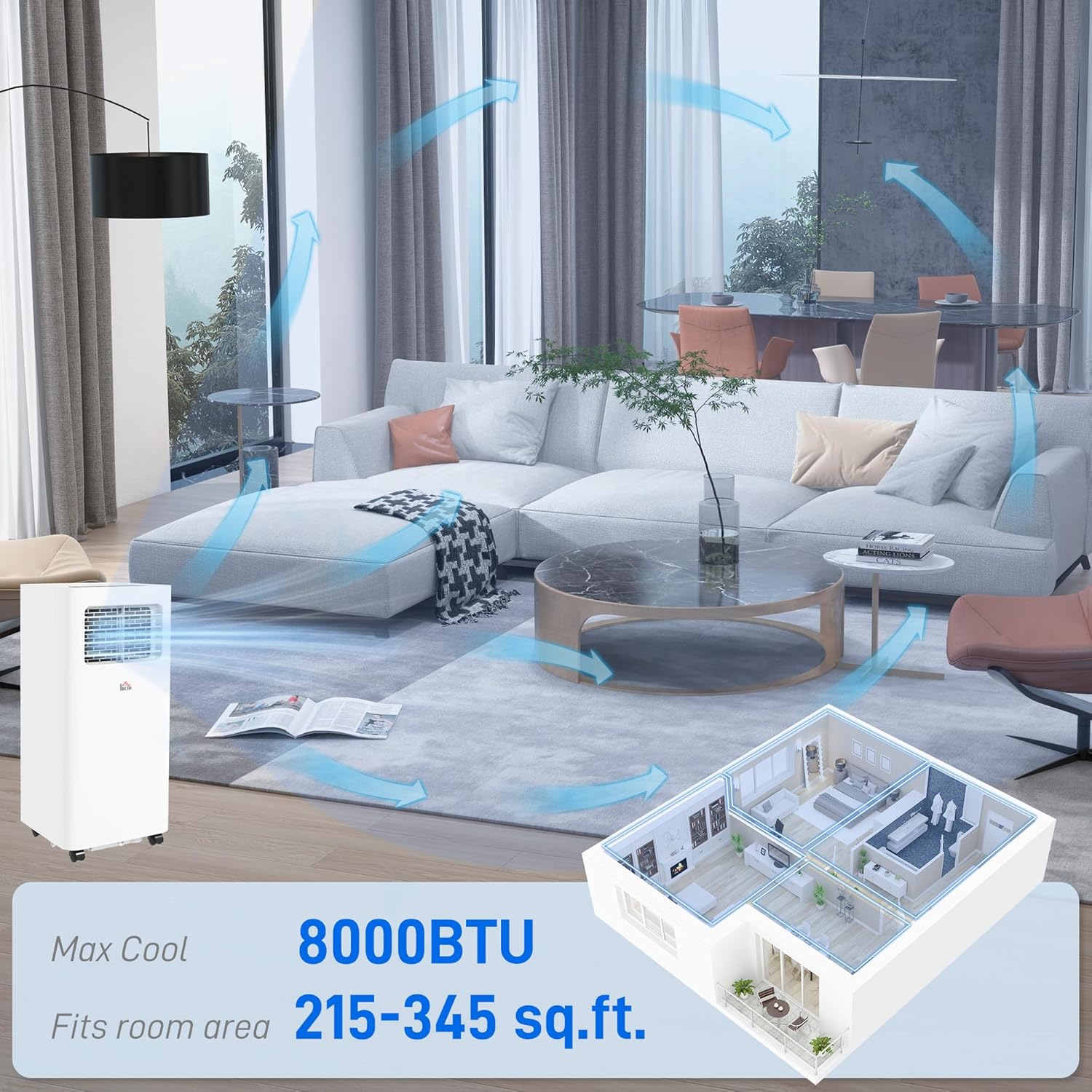 HOMCOM 8000 BTU Portable Air Conditioner for Rooms Up to 345 Sq. Ft., 3-in-1 AC Unit with Dehumidifier, White