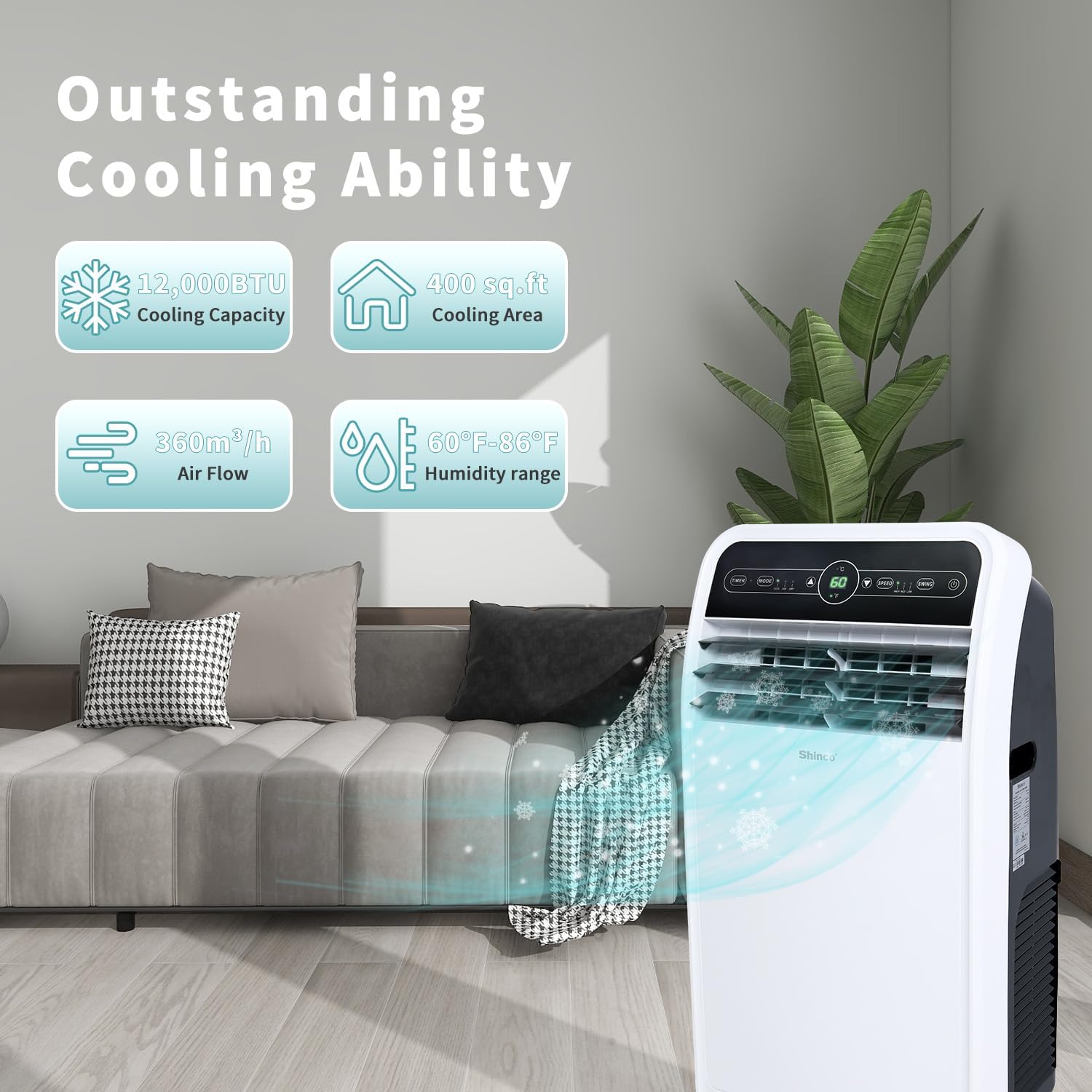 Shinco 12,000 BTU Portable Air Conditioner, Portable AC Unit with Built-in Cool, Dehumidifier&Fan Modes for Room up to 400 sq.ft