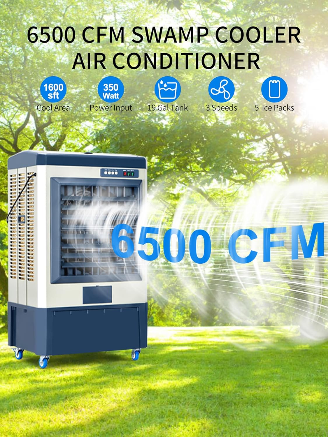 Uthfy 48” Evaporative Air Cooler, 6500 CFM Swamp Cooler Air Conditioner with 19 Gal Water Tank, 5 Ice Packs, 120° Oscillation