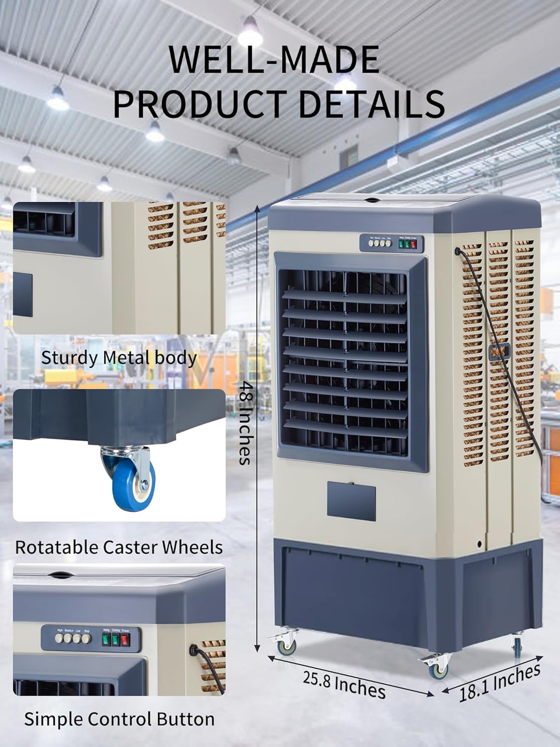 Uthfy 48” Evaporative Air Cooler, 6500 CFM Swamp Cooler Air Conditioner with 19 Gal Water Tank, 5 Ice Packs, 120° Oscillation