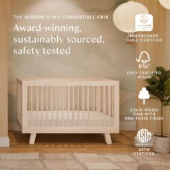 Babyletto Hudson 3-in-1 Convertible Baby Crib - Baby Bed with 4 Adjustable Heights - Wooden Crib - Washed Natural