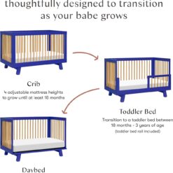 Babyletto Hudson 3-in-1 Convertible Baby Crib with Toddler Bed & Daybed Conversion - Strong, Durable - Cobalt and Honey