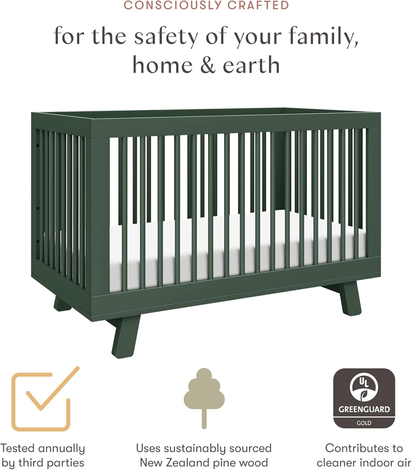 Babyletto Hudson 3-in-1 Convertible Baby Crib with Toddler Bed & Daybed Conversion - Forest Green
