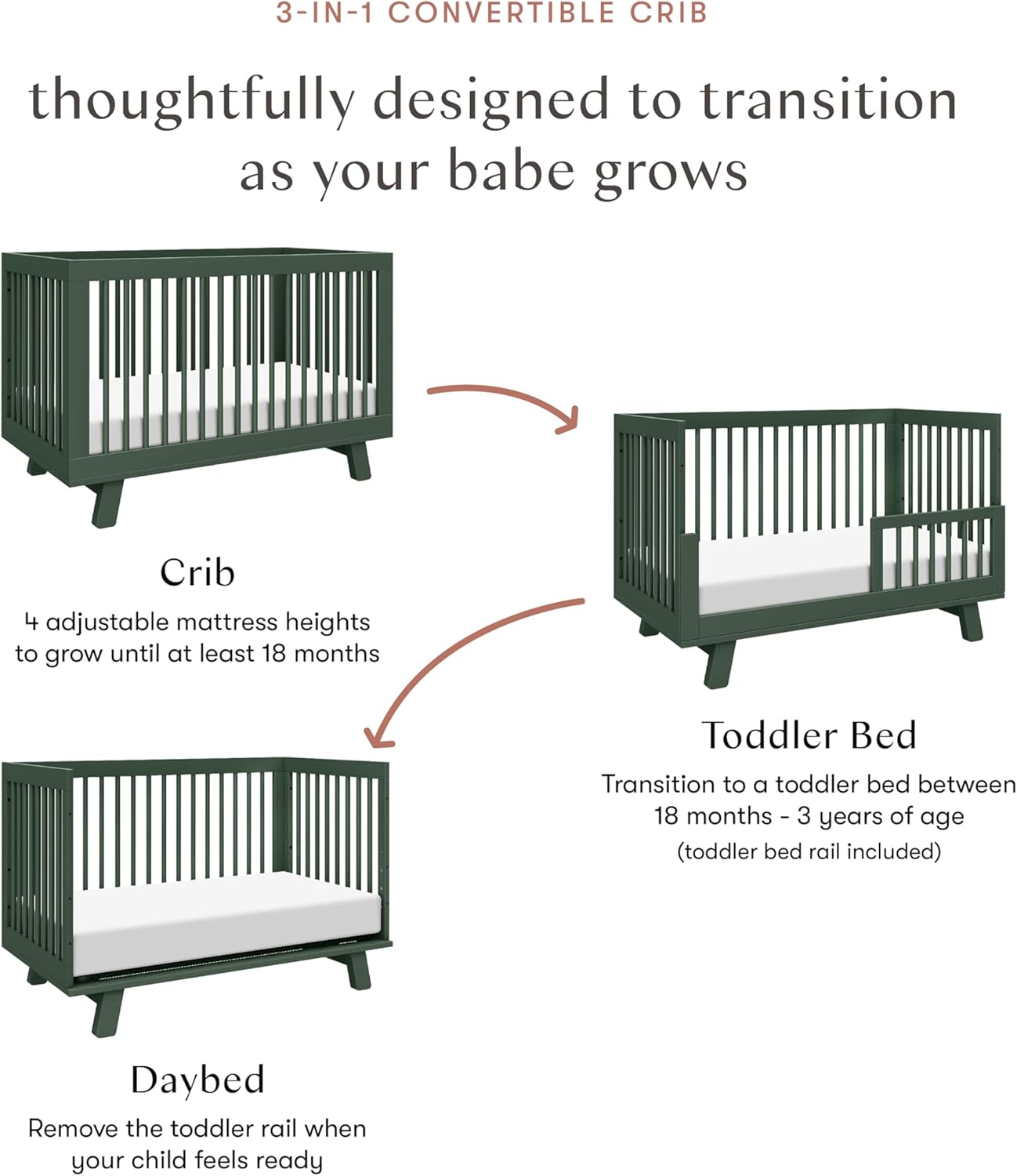 Babyletto Hudson 3-in-1 Convertible Baby Crib with Toddler Bed & Daybed Conversion - Forest Green
