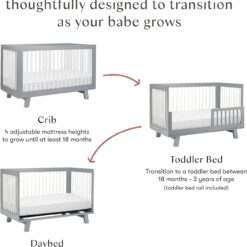 Babyletto Hudson 3-in-1 Convertible Baby Crib with Toddler Bed & Daybed Conversion - Grey and White