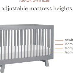 Babyletto Hudson 3-in-1 Convertible Baby Crib - Wooden Baby Bed with 4 Adjustable Mattress Heights - Strong &amp - Grey