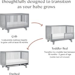 Babyletto Hudson 3-in-1 Convertible Baby Crib - Wooden Baby Bed with 4 Adjustable Mattress Heights - Strong &amp - Grey
