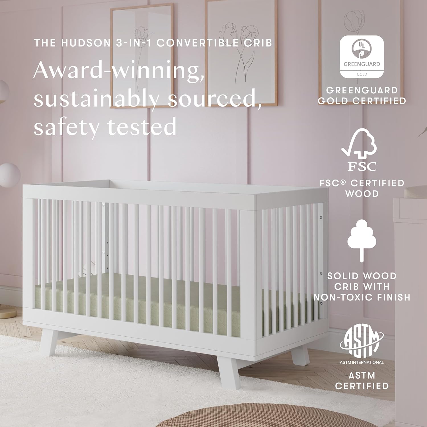 Babyletto Hudson 3-in-1 Convertible Baby Crib with Toddler Bed & Daybed Conversion - Easy to Assemble - White