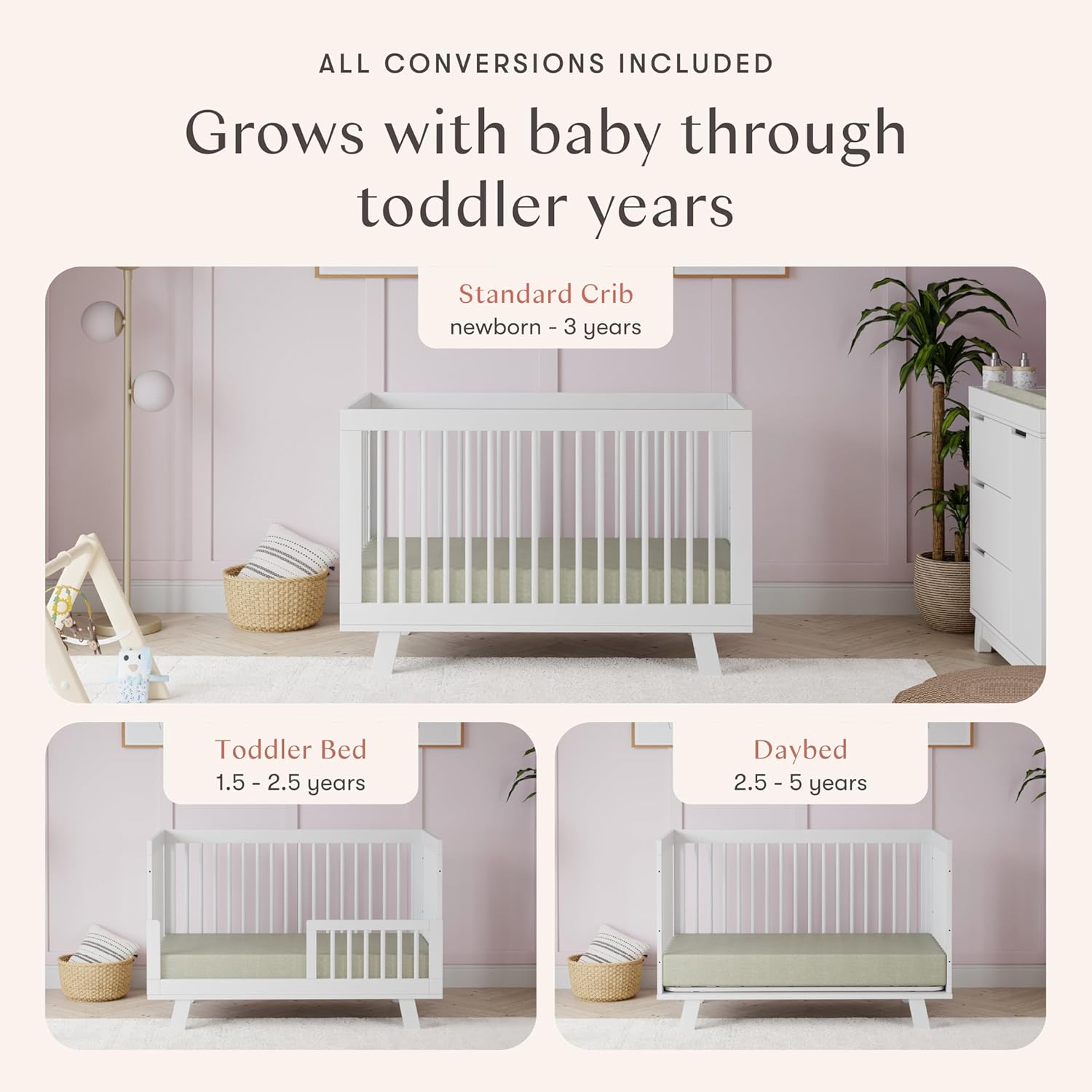 Babyletto Hudson 3-in-1 Convertible Baby Crib with Toddler Bed & Daybed Conversion - Easy to Assemble - White