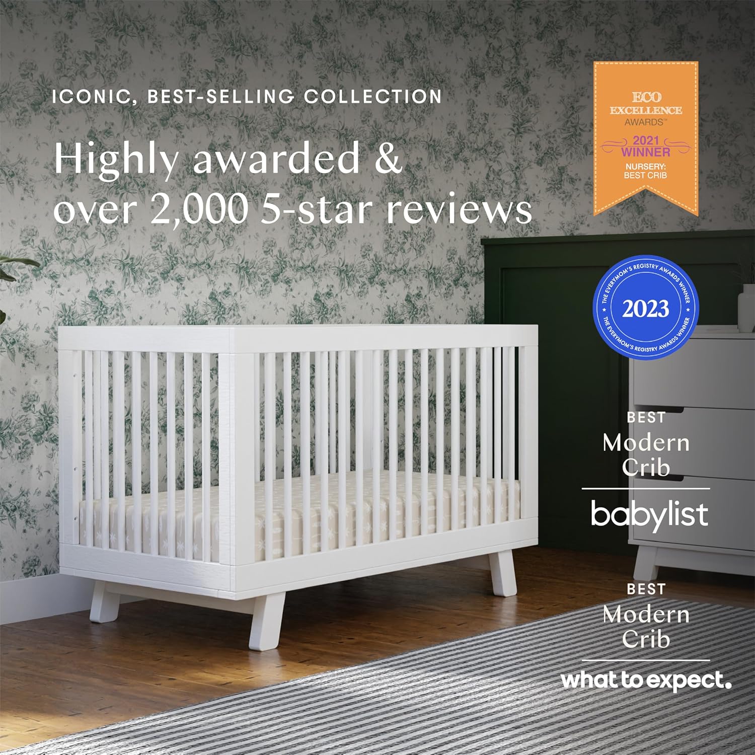 Babyletto Hudson 3-in-1 Convertible Baby Crib with Toddler Bed & Daybed Conversion - Easy to Assemble - White