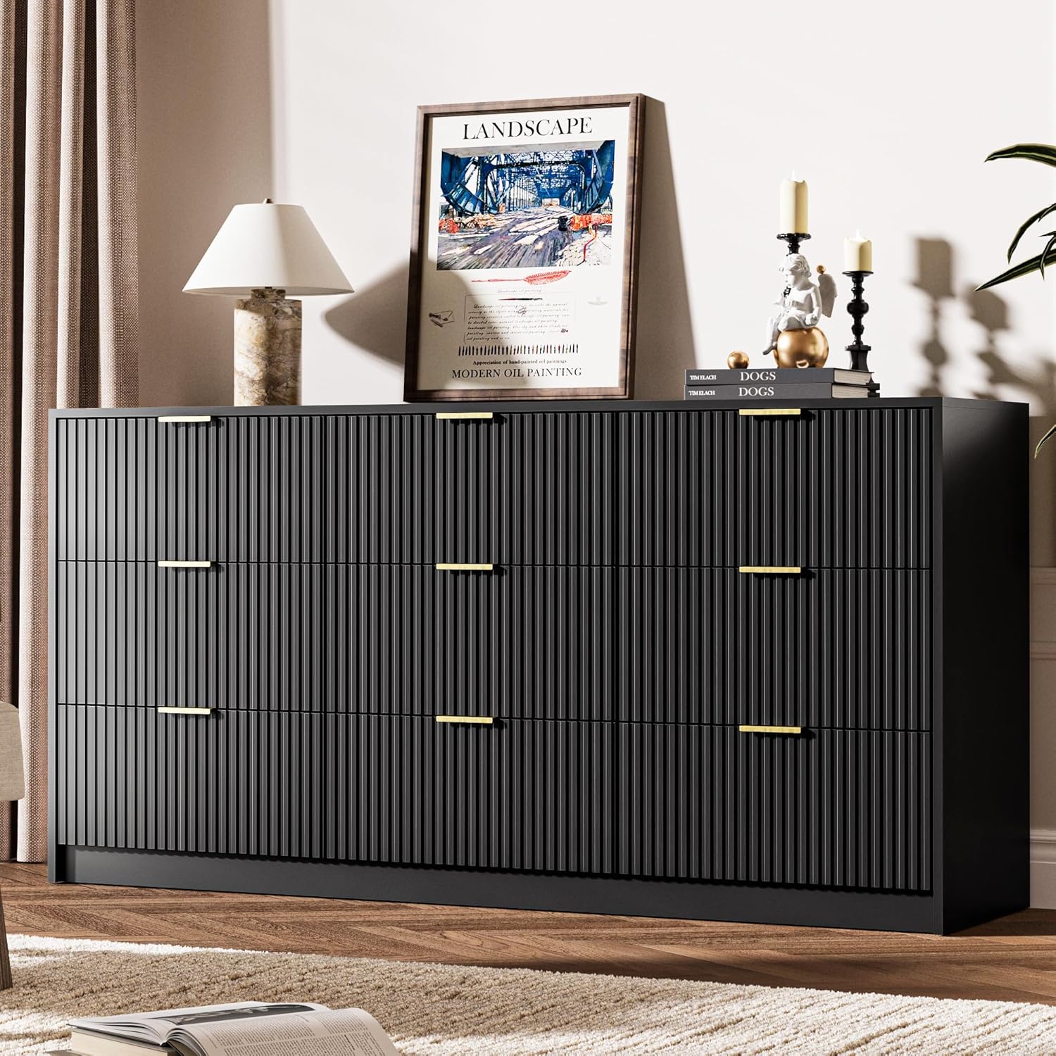 Black Dresser for Bedroom, 9 Drawer Double Dresser, Modern Chest of Drawers, 63" L x 15.7" D x 31.5" H