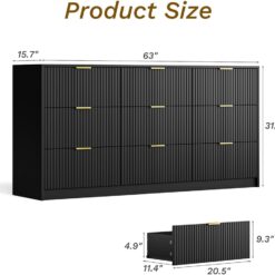 Black Dresser for Bedroom, 9 Drawer Double Dresser, Modern Chest of Drawers, 63