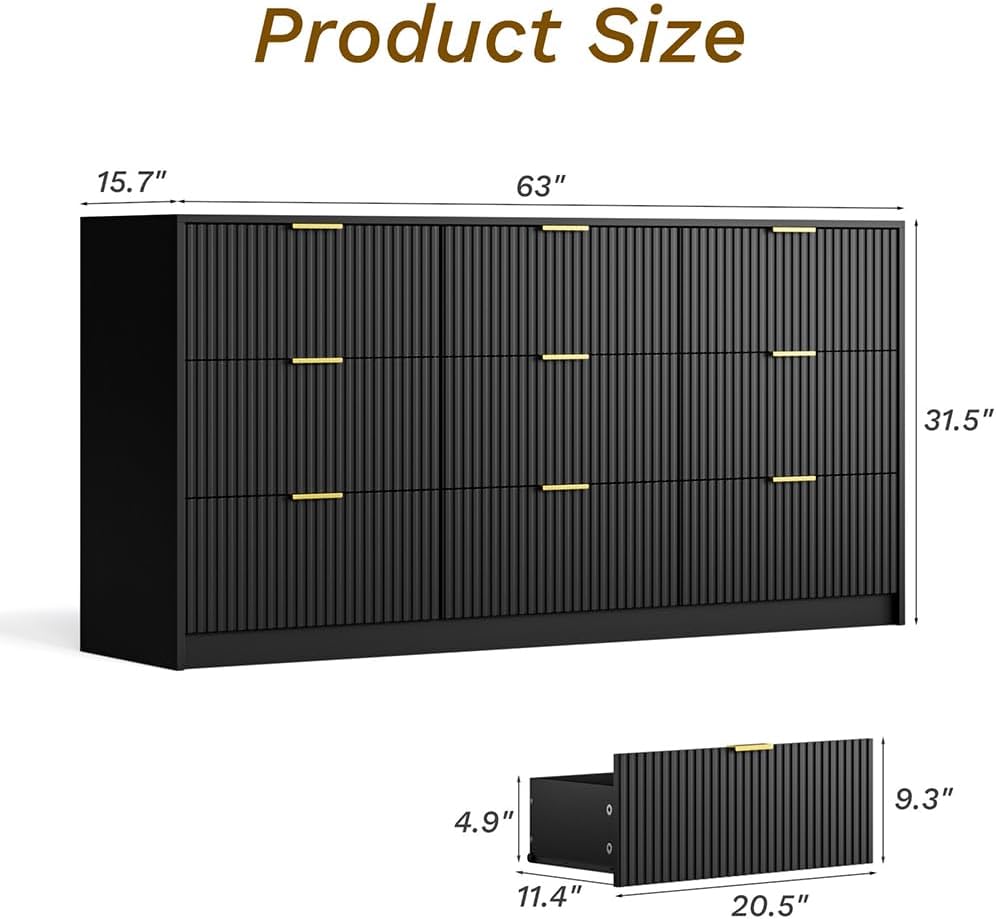 Black Dresser for Bedroom, 9 Drawer Double Dresser, Modern Chest of Drawers, 63" L x 15.7" D x 31.5" H