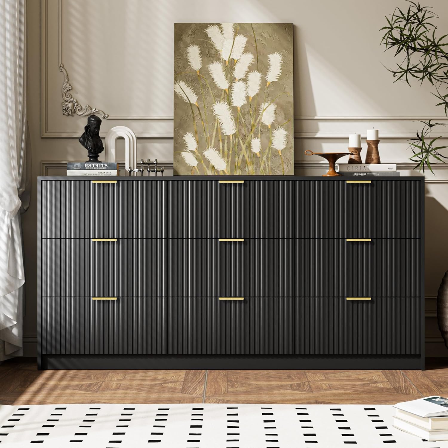 Black Dresser for Bedroom, 9 Drawer Double Dresser, Modern Chest of Drawers, 63" L x 15.7" D x 31.5" H
