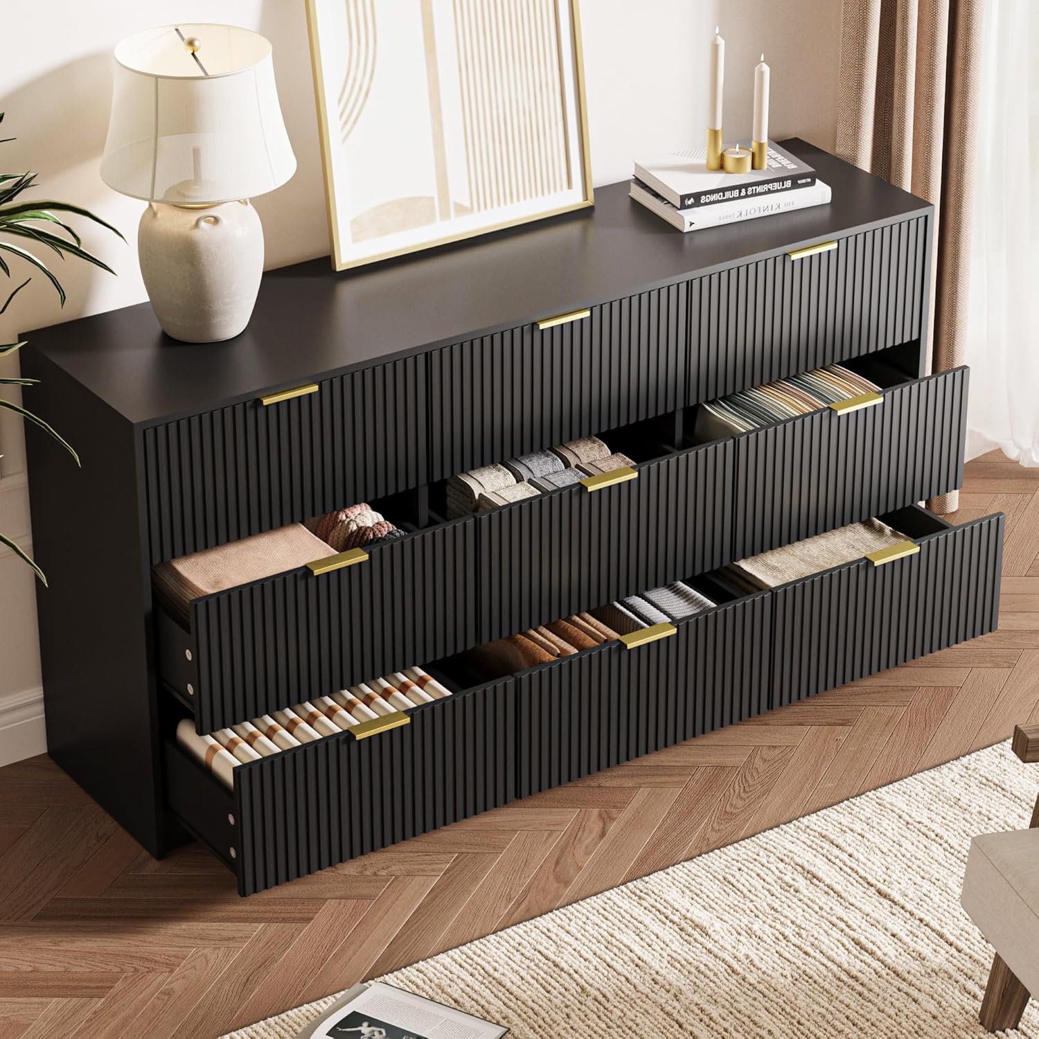 Black Dresser for Bedroom, 9 Drawer Double Dresser, Modern Chest of Drawers, 63" L x 15.7" D x 31.5" H