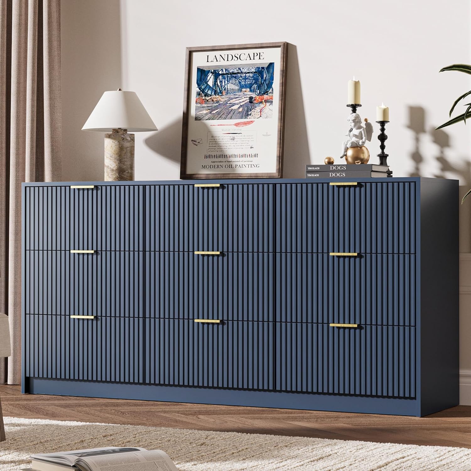MAISONARIA Navy Dresser for Bedroom, 9 Drawer Double Dresser, Modern Chest of Drawers, 63" L x 15.7" D x 31.5" H