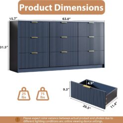 MAISONARIA Navy Dresser for Bedroom, 9 Drawer Double Dresser, Modern Chest of Drawers, 63