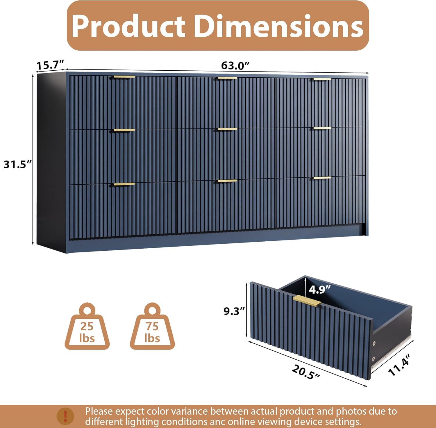 MAISONARIA Navy Dresser for Bedroom, 9 Drawer Double Dresser, Modern Chest of Drawers, 63" L x 15.7" D x 31.5" H