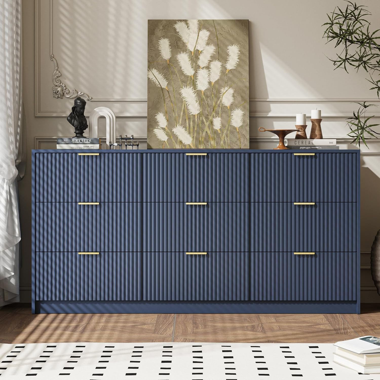 MAISONARIA Navy Dresser for Bedroom, 9 Drawer Double Dresser, Modern Chest of Drawers, 63" L x 15.7" D x 31.5" H
