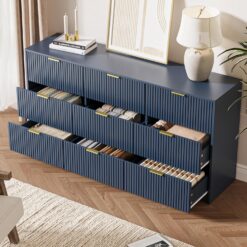 MAISONARIA Navy Dresser for Bedroom, 9 Drawer Double Dresser, Modern Chest of Drawers, 63