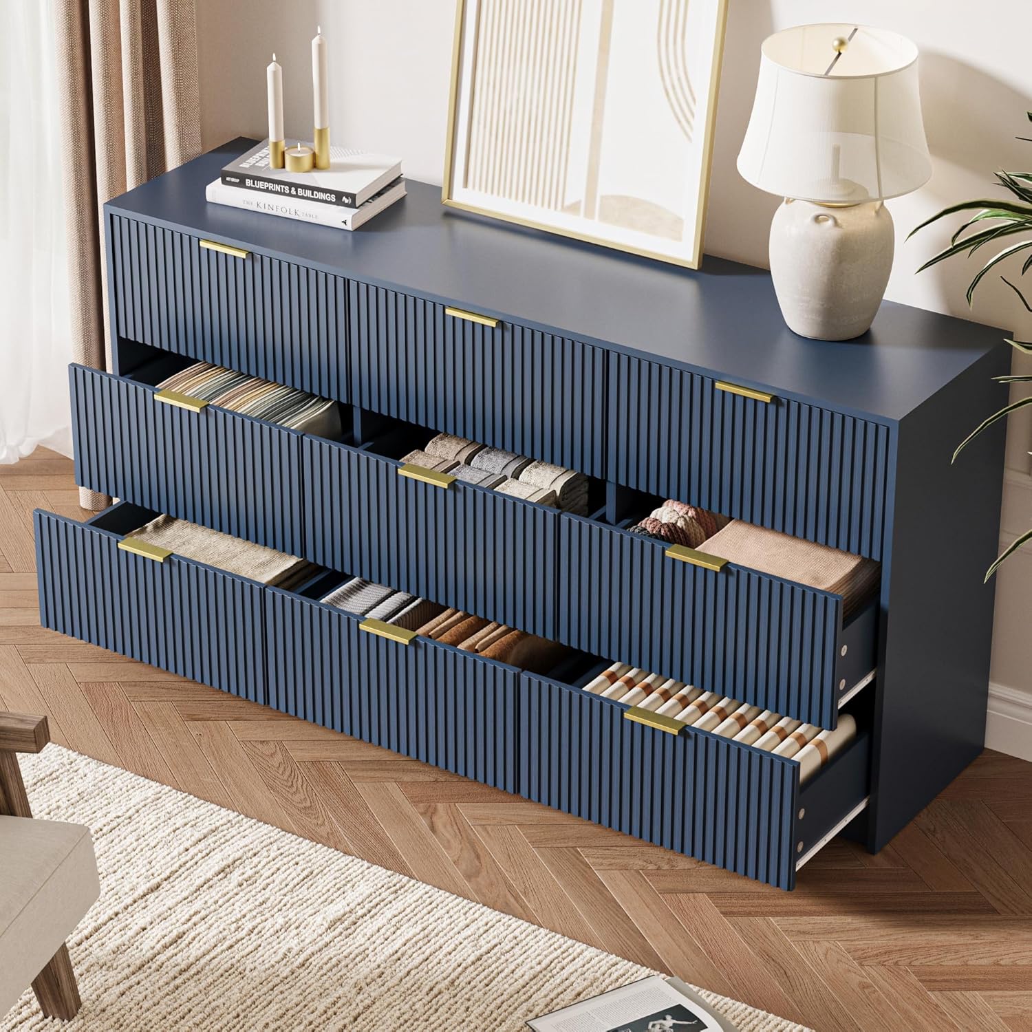 MAISONARIA Navy Dresser for Bedroom, 9 Drawer Double Dresser, Modern Chest of Drawers, 63" L x 15.7" D x 31.5" H